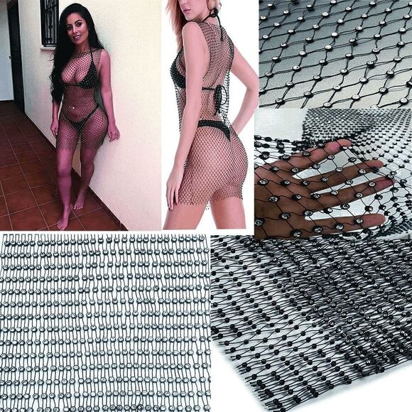 ✨ Rhinestone Crystal Diamond Fishnet Mesh Sheer Party Cover Up Dress L NWT - Picture 13 of 16